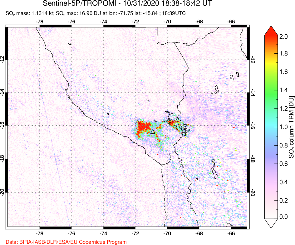 A sulfur dioxide image over Peru on Oct 31, 2020.