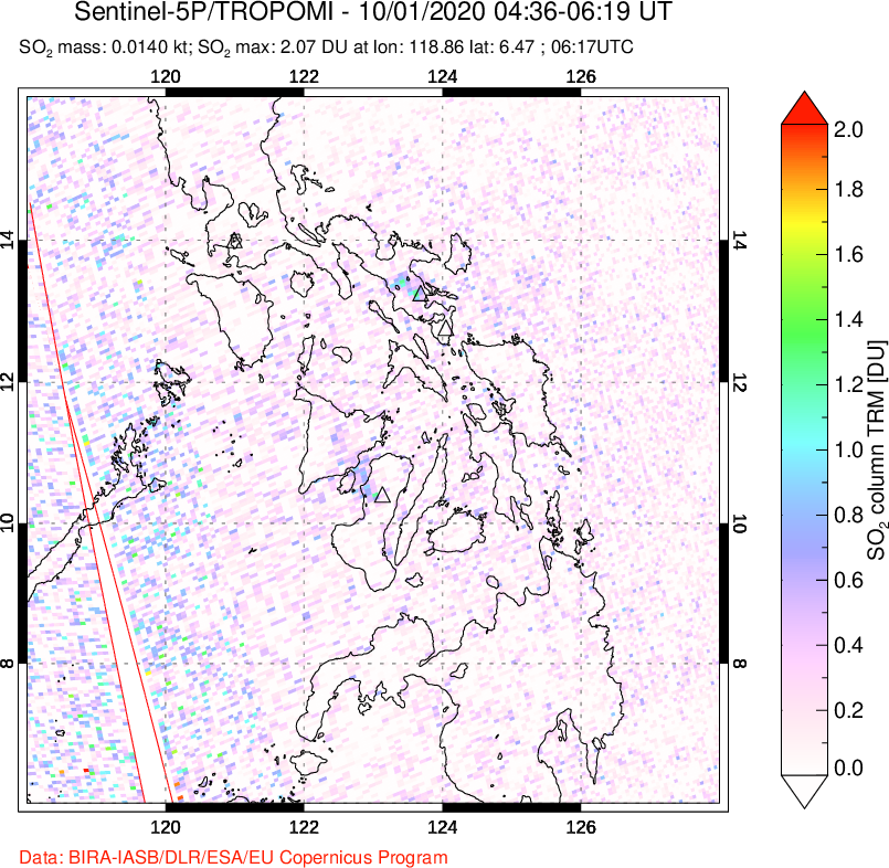 A sulfur dioxide image over Philippines on Oct 01, 2020.