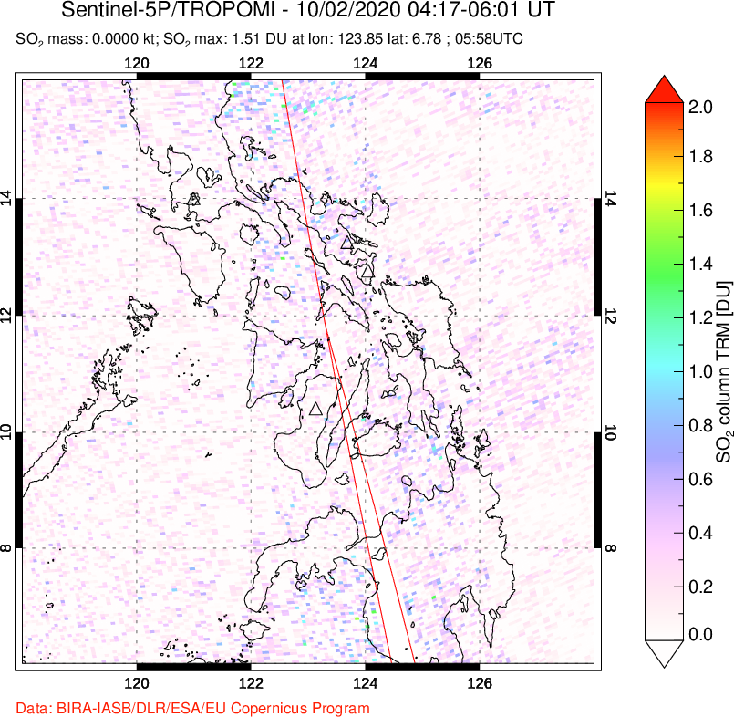 A sulfur dioxide image over Philippines on Oct 02, 2020.