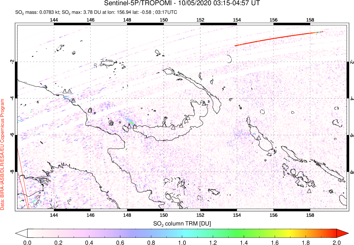 A sulfur dioxide image over Papua, New Guinea on Oct 05, 2020.