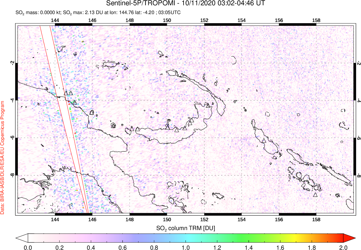A sulfur dioxide image over Papua, New Guinea on Oct 11, 2020.