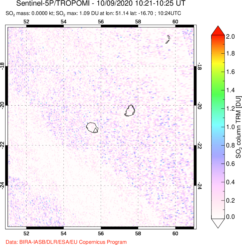 A sulfur dioxide image over Reunion Island, Indian Ocean on Oct 09, 2020.