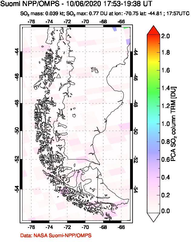 A sulfur dioxide image over Southern Chile on Oct 06, 2020.
