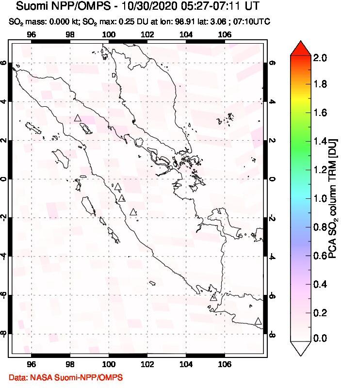 A sulfur dioxide image over Sumatra, Indonesia on Oct 30, 2020.