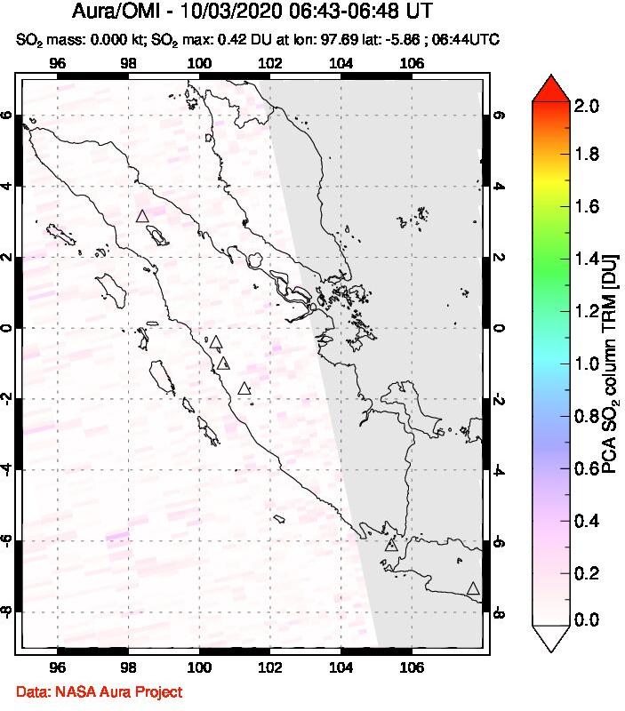 A sulfur dioxide image over Sumatra, Indonesia on Oct 03, 2020.