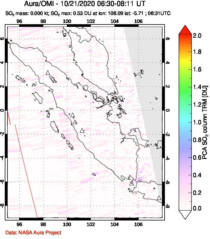 A sulfur dioxide image over Sumatra, Indonesia on Oct 21, 2020.