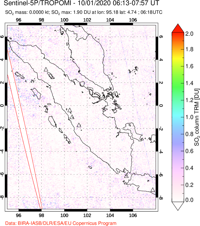 A sulfur dioxide image over Sumatra, Indonesia on Oct 01, 2020.