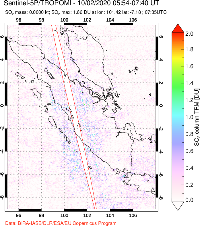 A sulfur dioxide image over Sumatra, Indonesia on Oct 02, 2020.