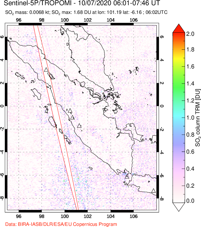 A sulfur dioxide image over Sumatra, Indonesia on Oct 07, 2020.