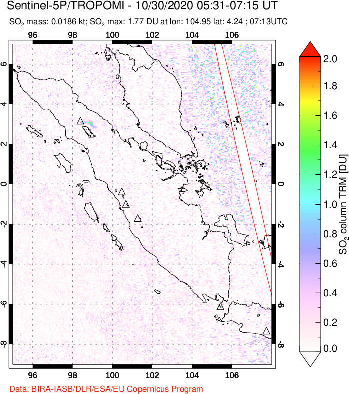 A sulfur dioxide image over Sumatra, Indonesia on Oct 30, 2020.