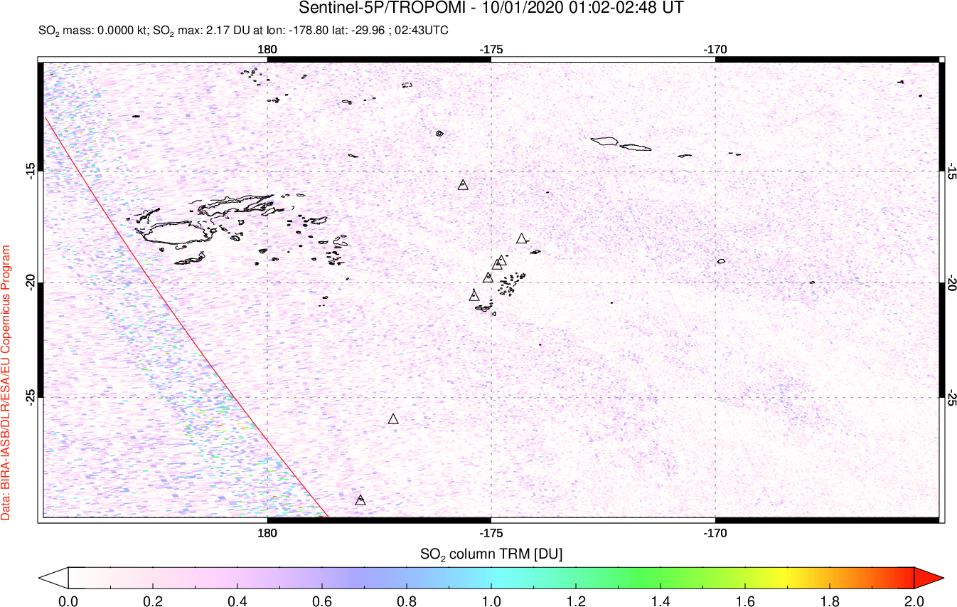 A sulfur dioxide image over Tonga, South Pacific on Oct 01, 2020.