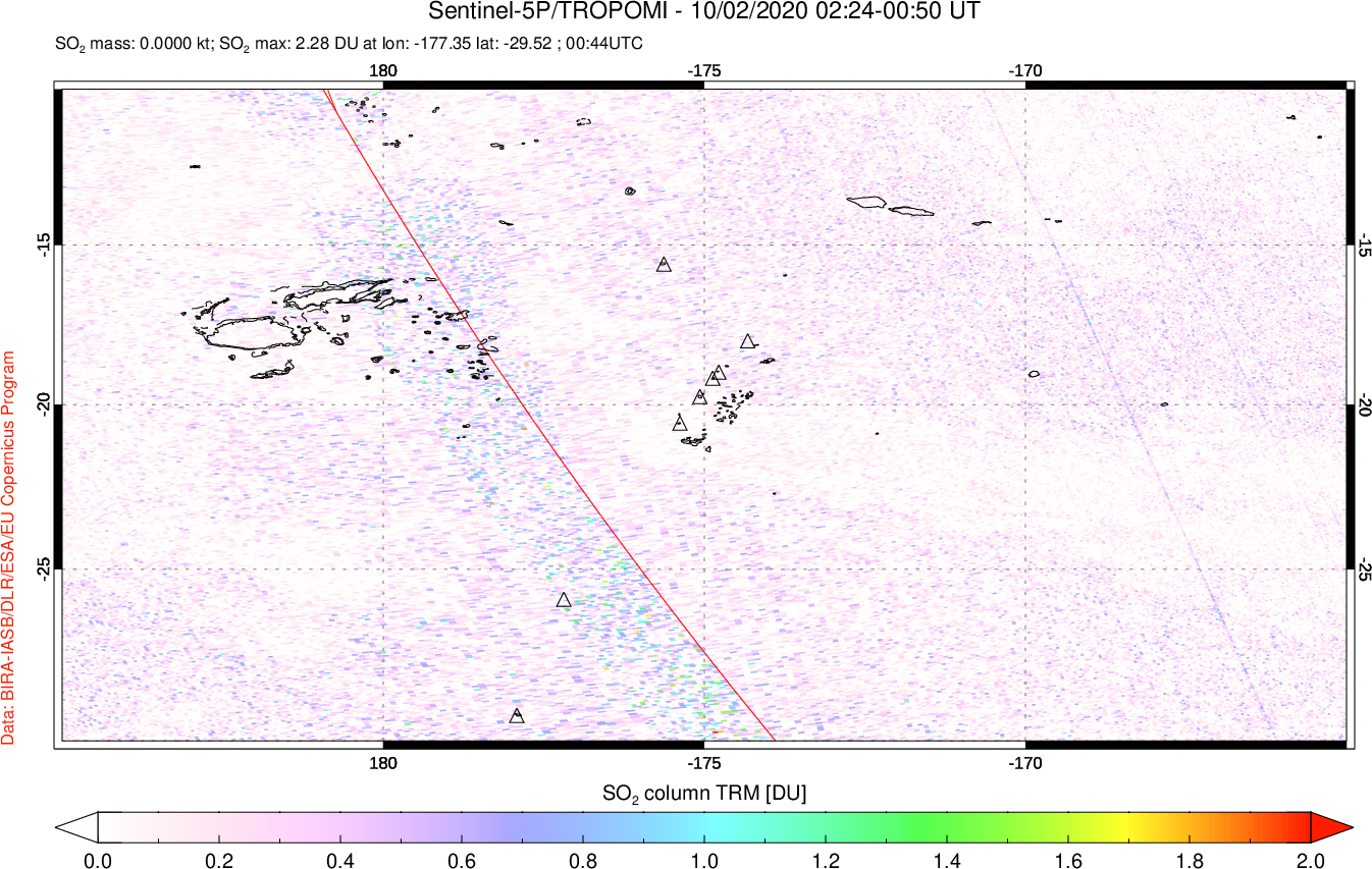 A sulfur dioxide image over Tonga, South Pacific on Oct 02, 2020.