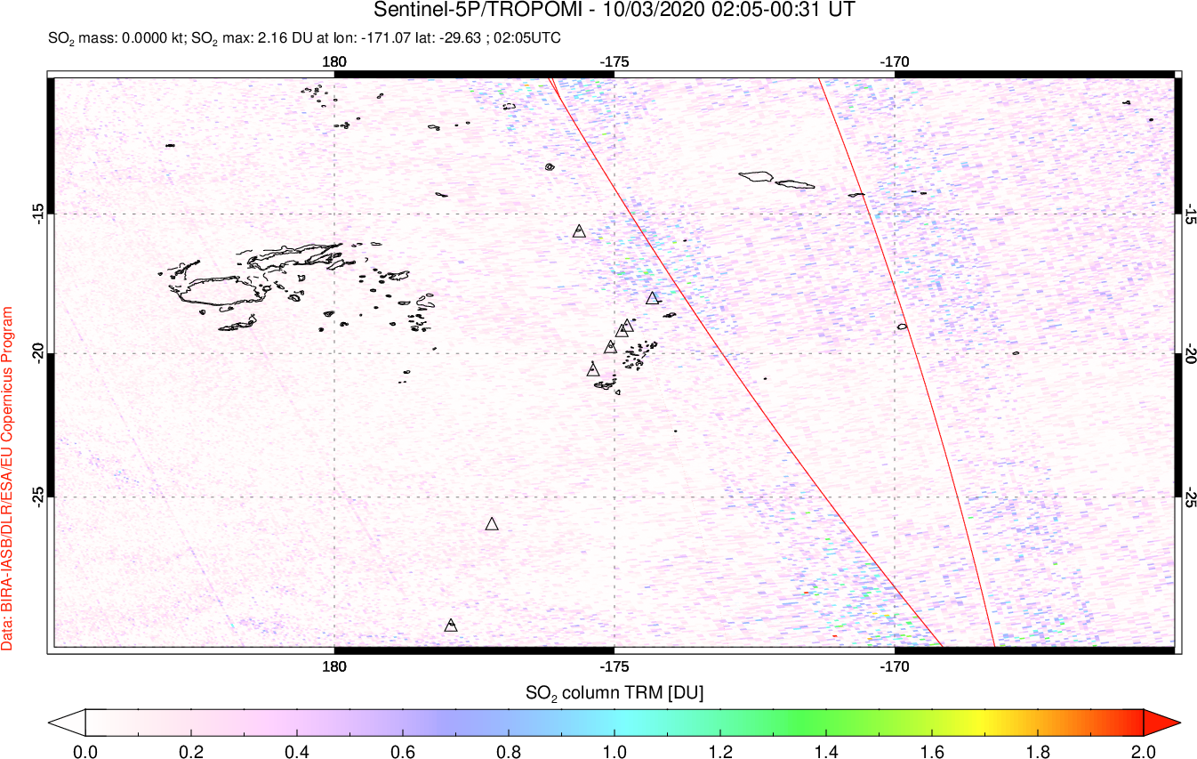 A sulfur dioxide image over Tonga, South Pacific on Oct 03, 2020.