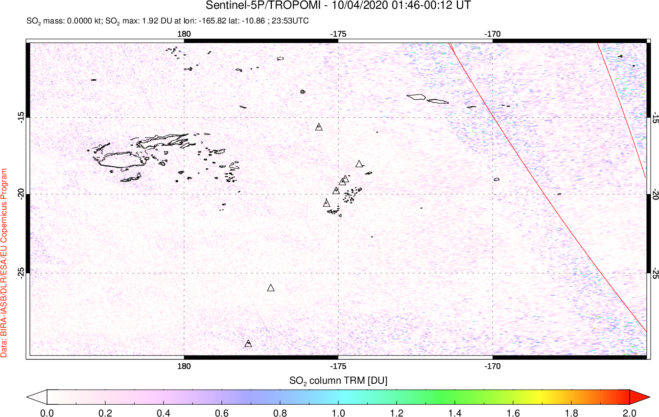 A sulfur dioxide image over Tonga, South Pacific on Oct 04, 2020.