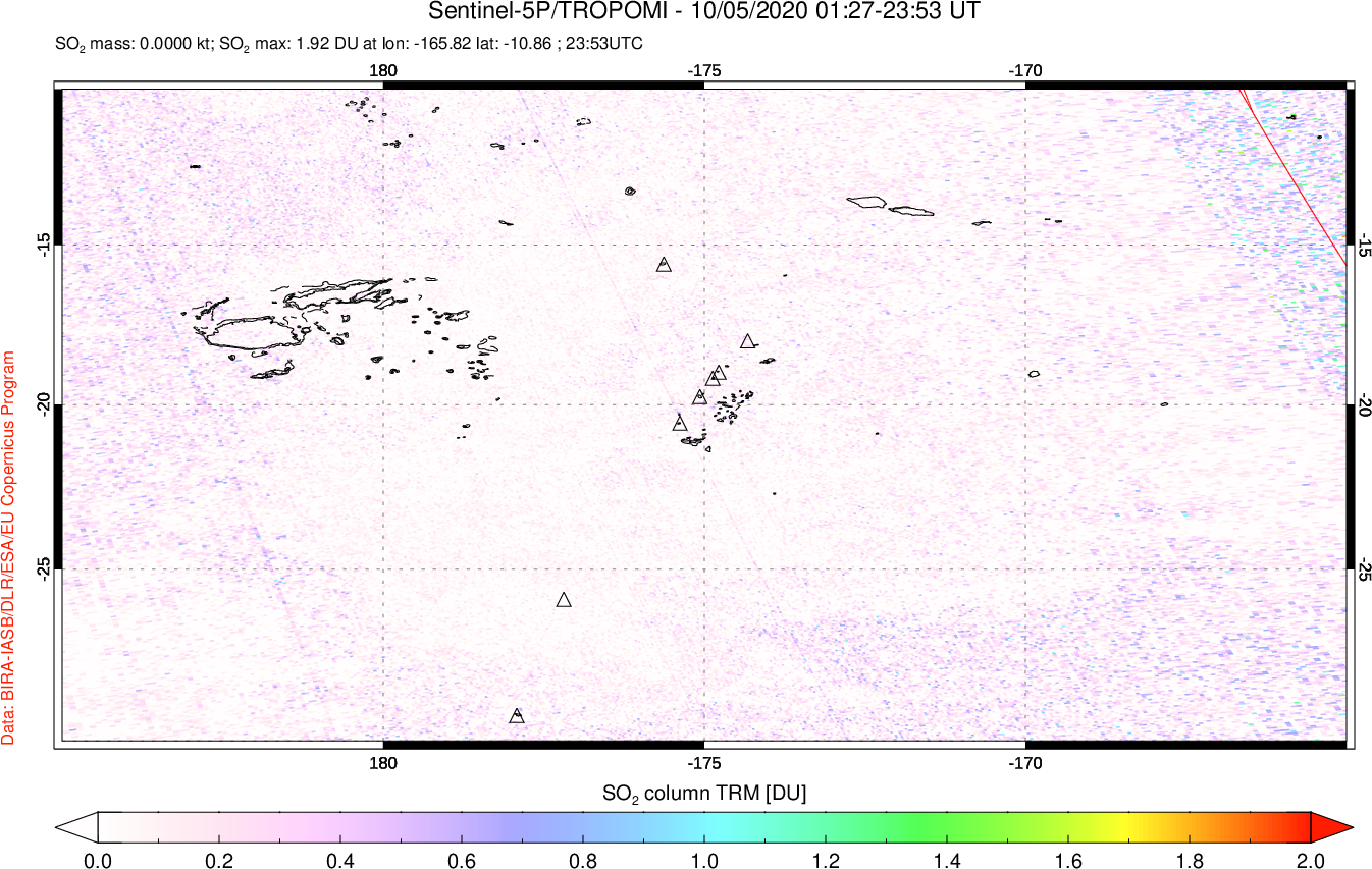 A sulfur dioxide image over Tonga, South Pacific on Oct 05, 2020.