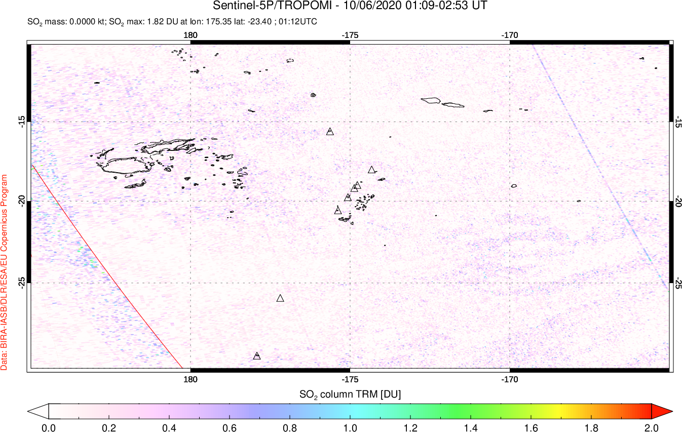 A sulfur dioxide image over Tonga, South Pacific on Oct 06, 2020.