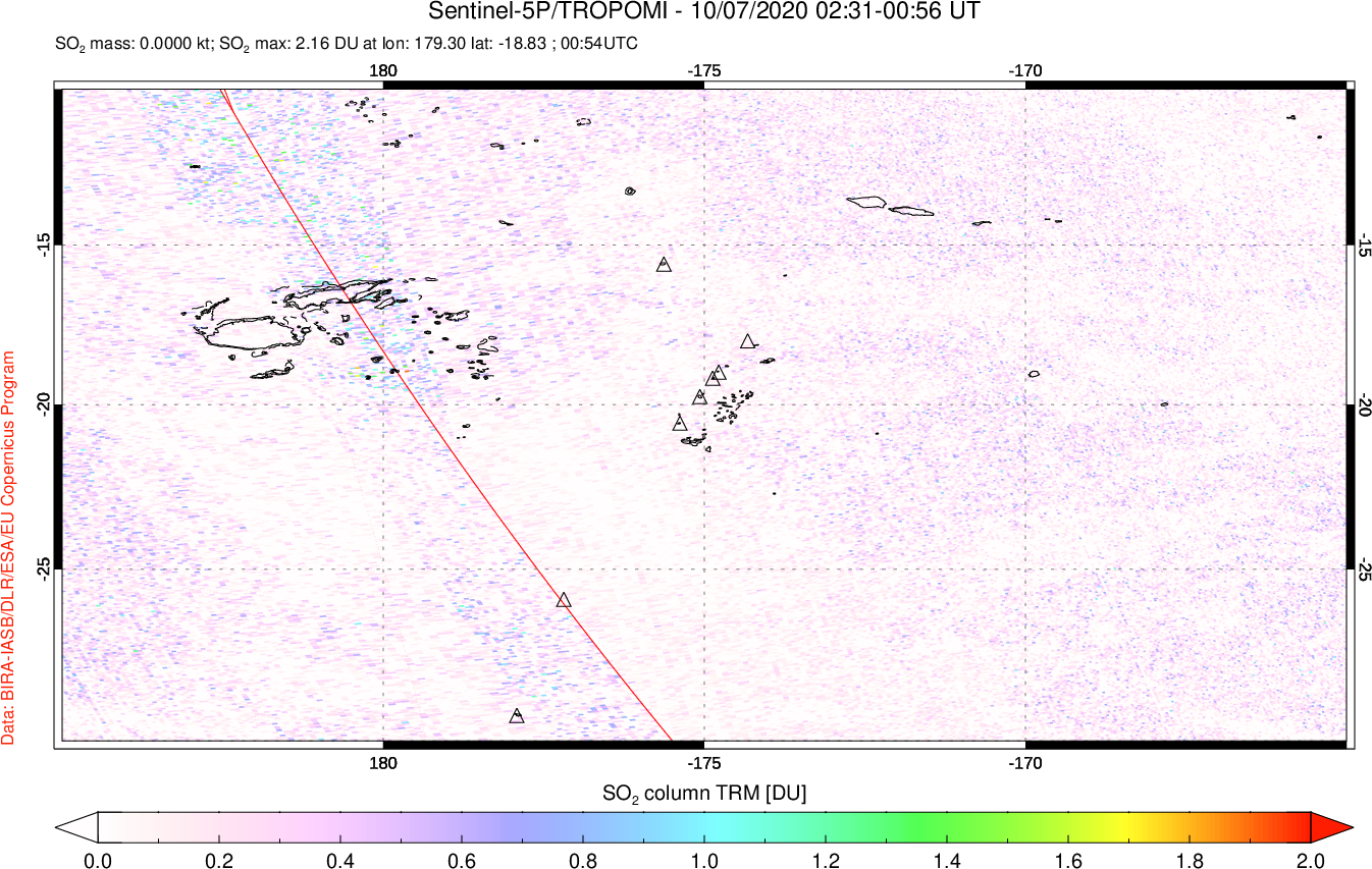 A sulfur dioxide image over Tonga, South Pacific on Oct 07, 2020.