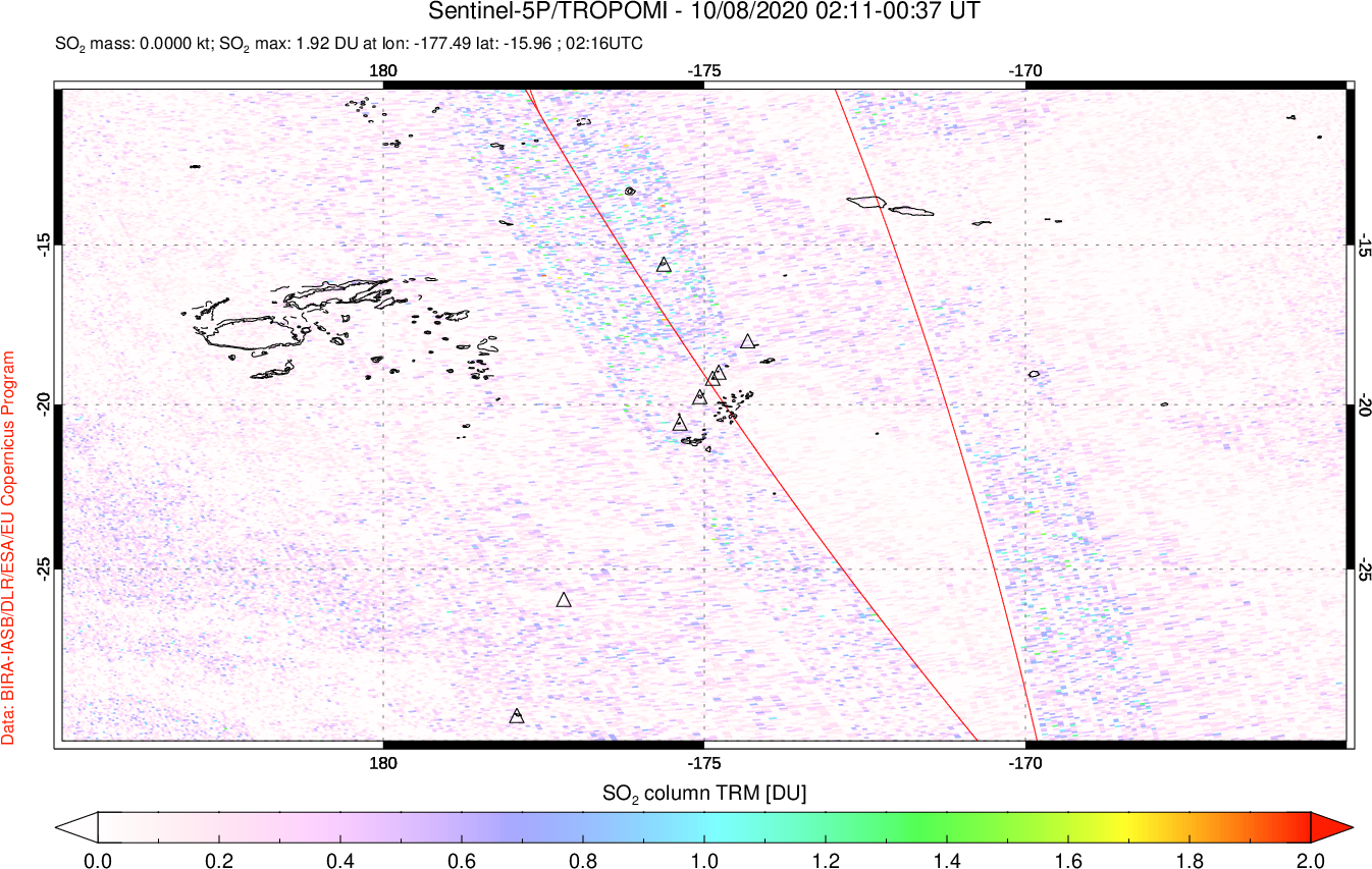 A sulfur dioxide image over Tonga, South Pacific on Oct 08, 2020.