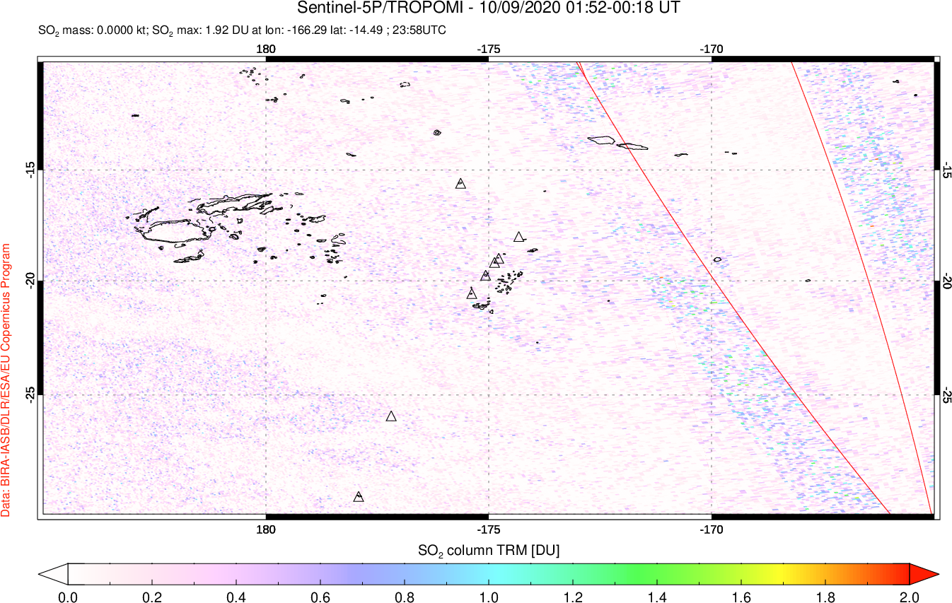 A sulfur dioxide image over Tonga, South Pacific on Oct 09, 2020.