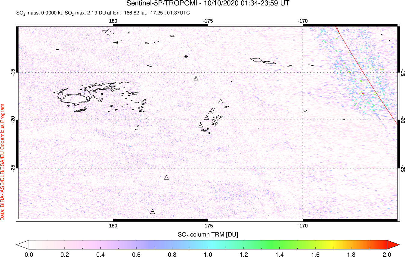 A sulfur dioxide image over Tonga, South Pacific on Oct 10, 2020.