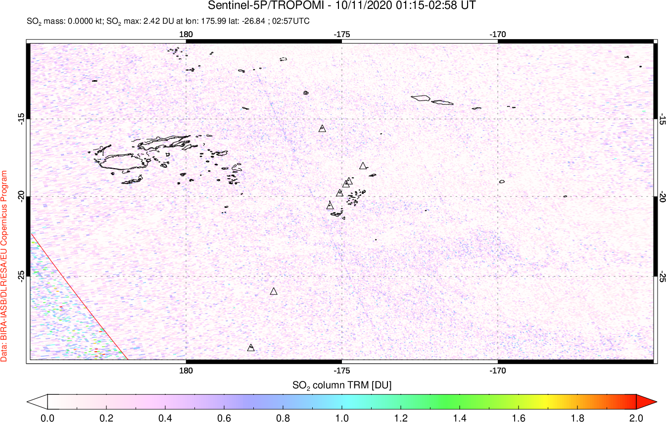 A sulfur dioxide image over Tonga, South Pacific on Oct 11, 2020.