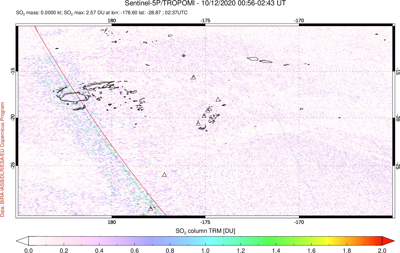 A sulfur dioxide image over Tonga, South Pacific on Oct 12, 2020.