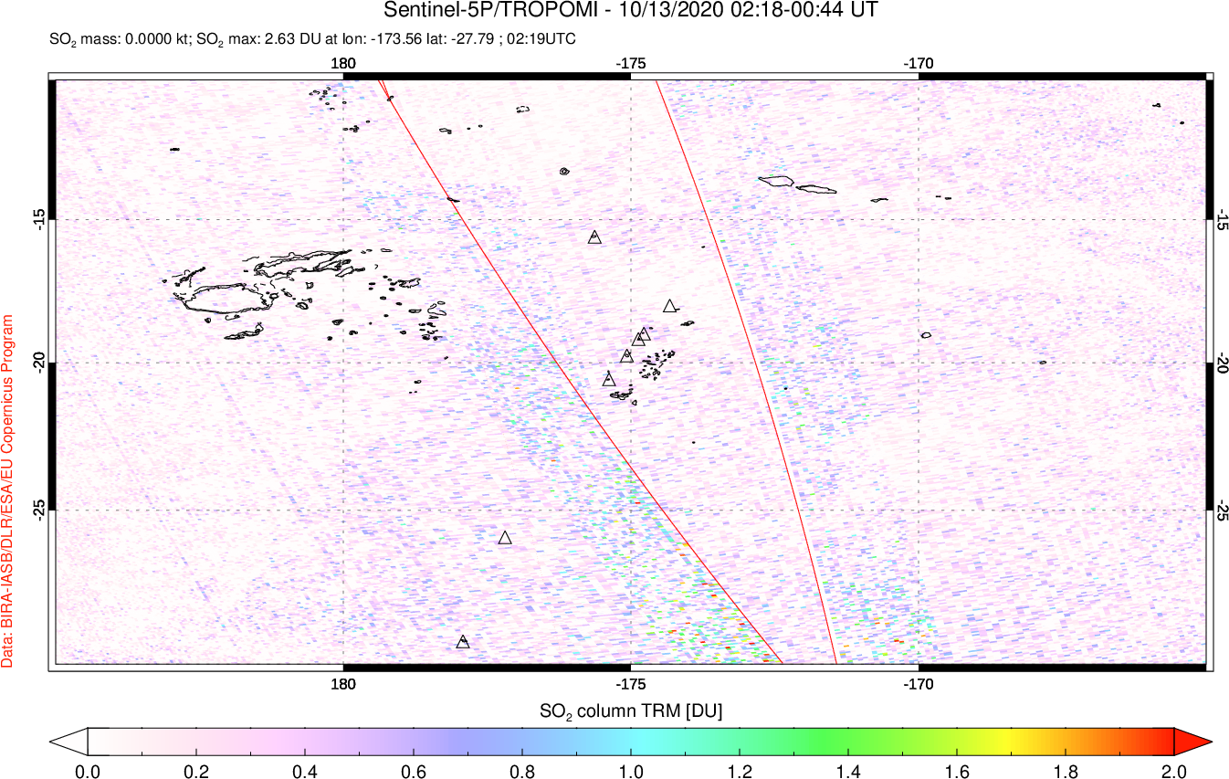 A sulfur dioxide image over Tonga, South Pacific on Oct 13, 2020.