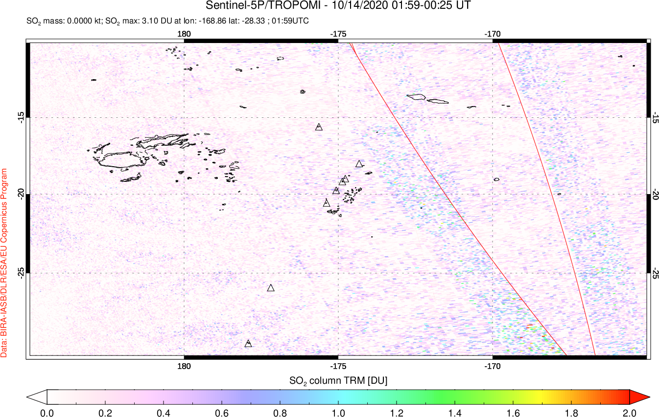 A sulfur dioxide image over Tonga, South Pacific on Oct 14, 2020.