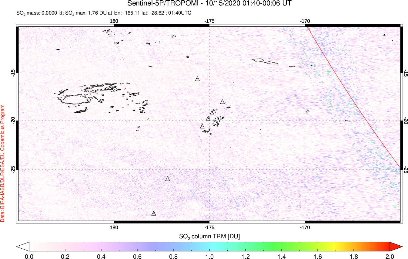 A sulfur dioxide image over Tonga, South Pacific on Oct 15, 2020.