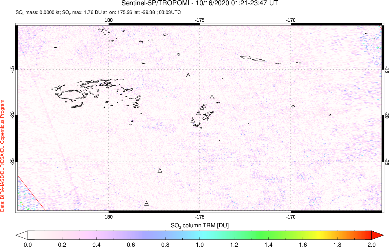 A sulfur dioxide image over Tonga, South Pacific on Oct 16, 2020.