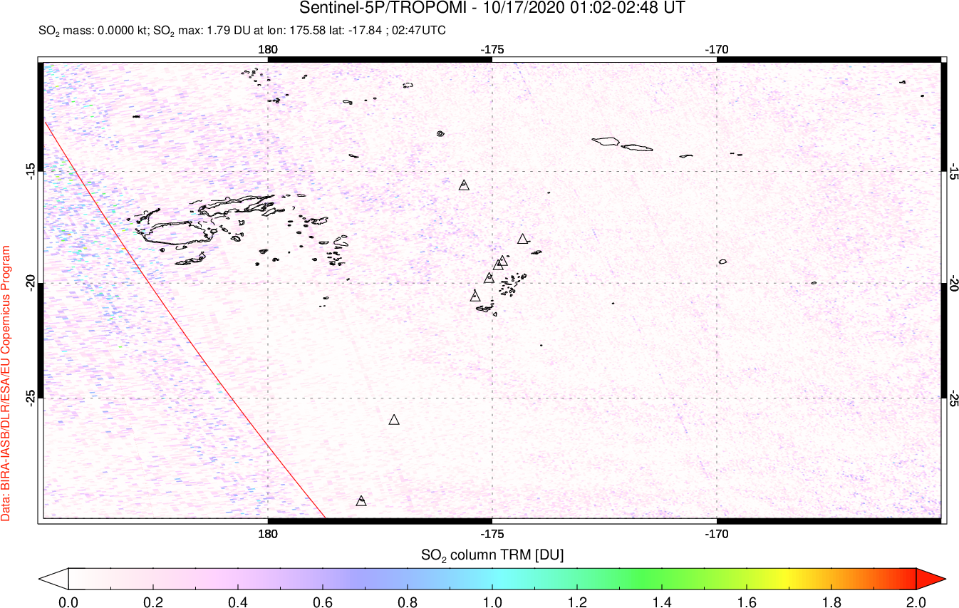 A sulfur dioxide image over Tonga, South Pacific on Oct 17, 2020.