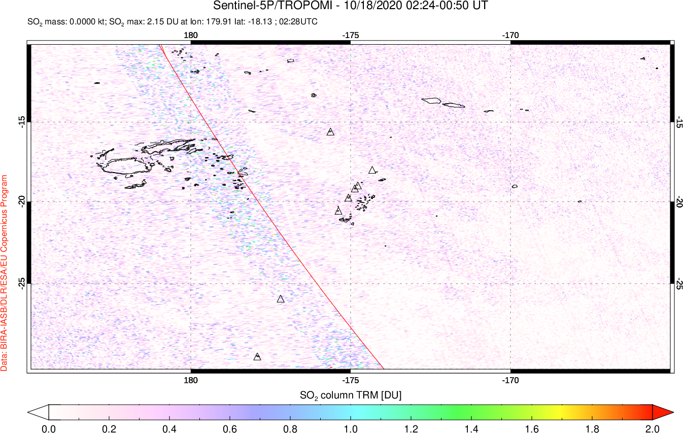 A sulfur dioxide image over Tonga, South Pacific on Oct 18, 2020.