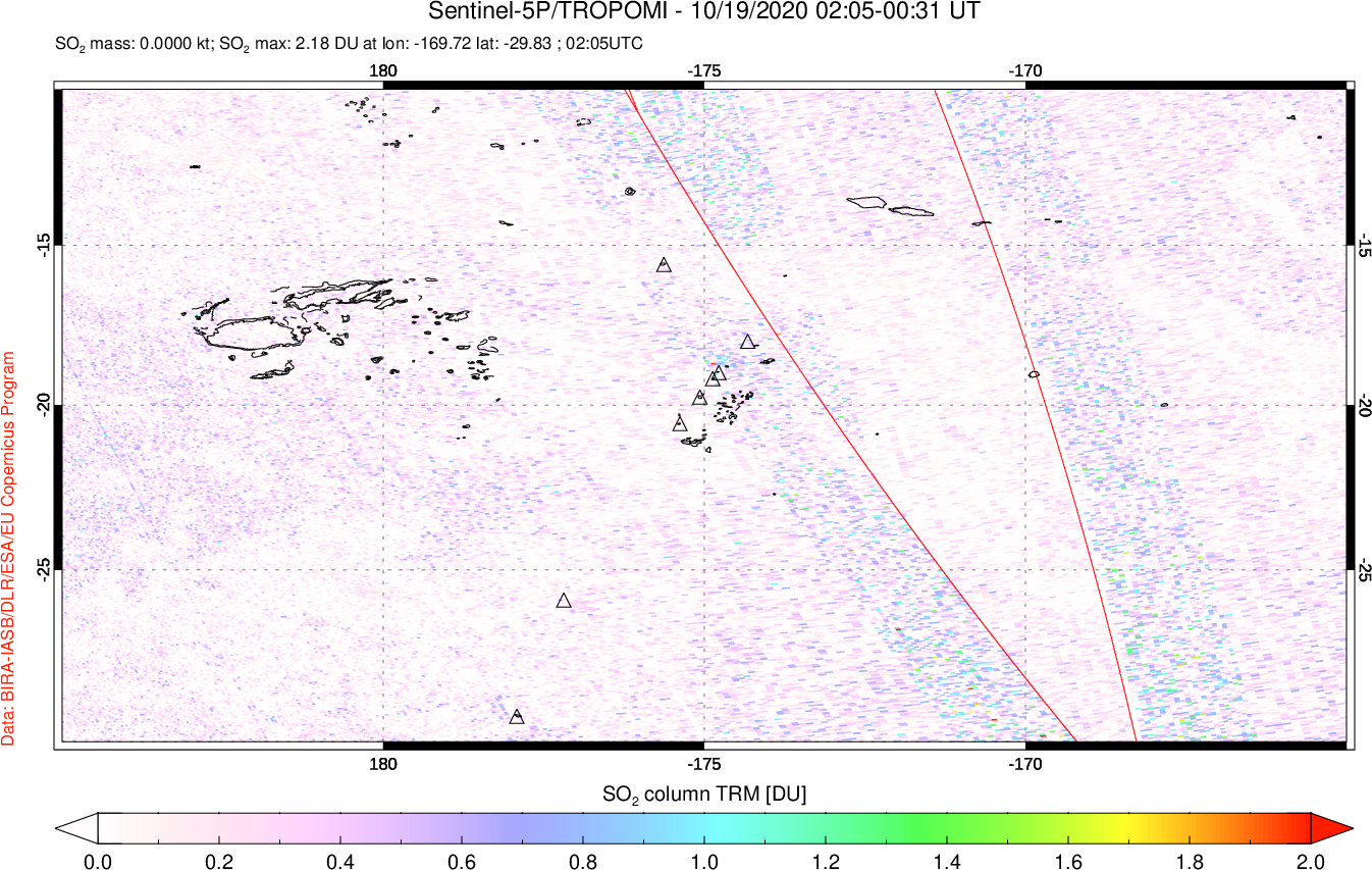 A sulfur dioxide image over Tonga, South Pacific on Oct 19, 2020.