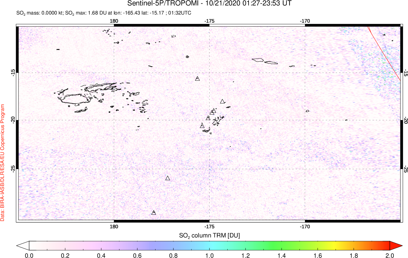 A sulfur dioxide image over Tonga, South Pacific on Oct 21, 2020.