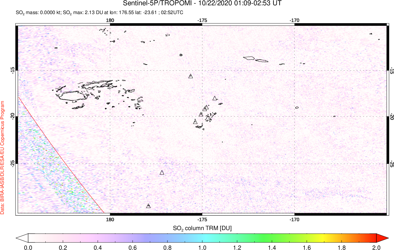 A sulfur dioxide image over Tonga, South Pacific on Oct 22, 2020.