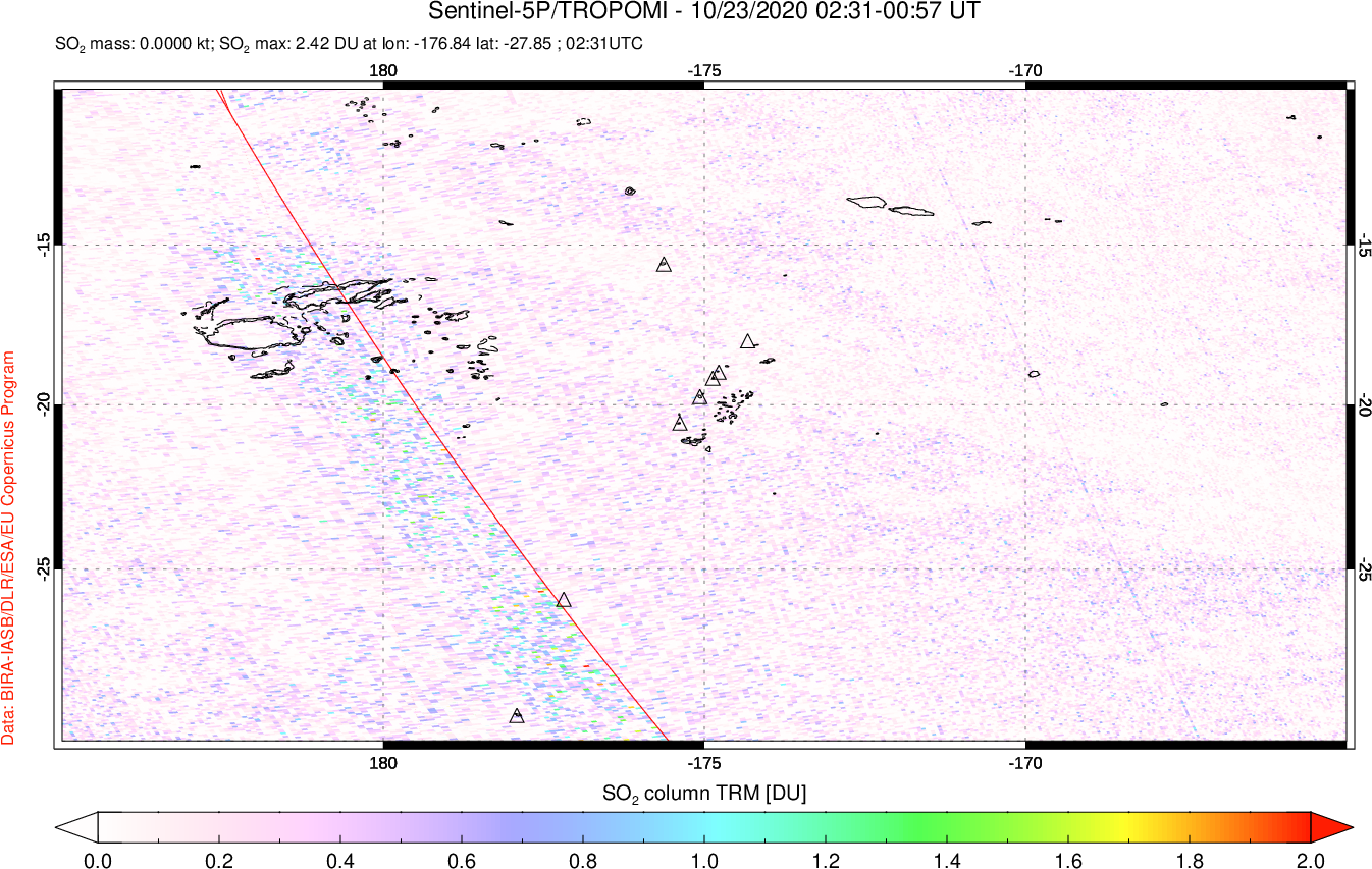 A sulfur dioxide image over Tonga, South Pacific on Oct 23, 2020.