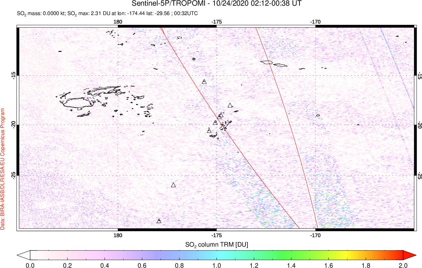 A sulfur dioxide image over Tonga, South Pacific on Oct 24, 2020.
