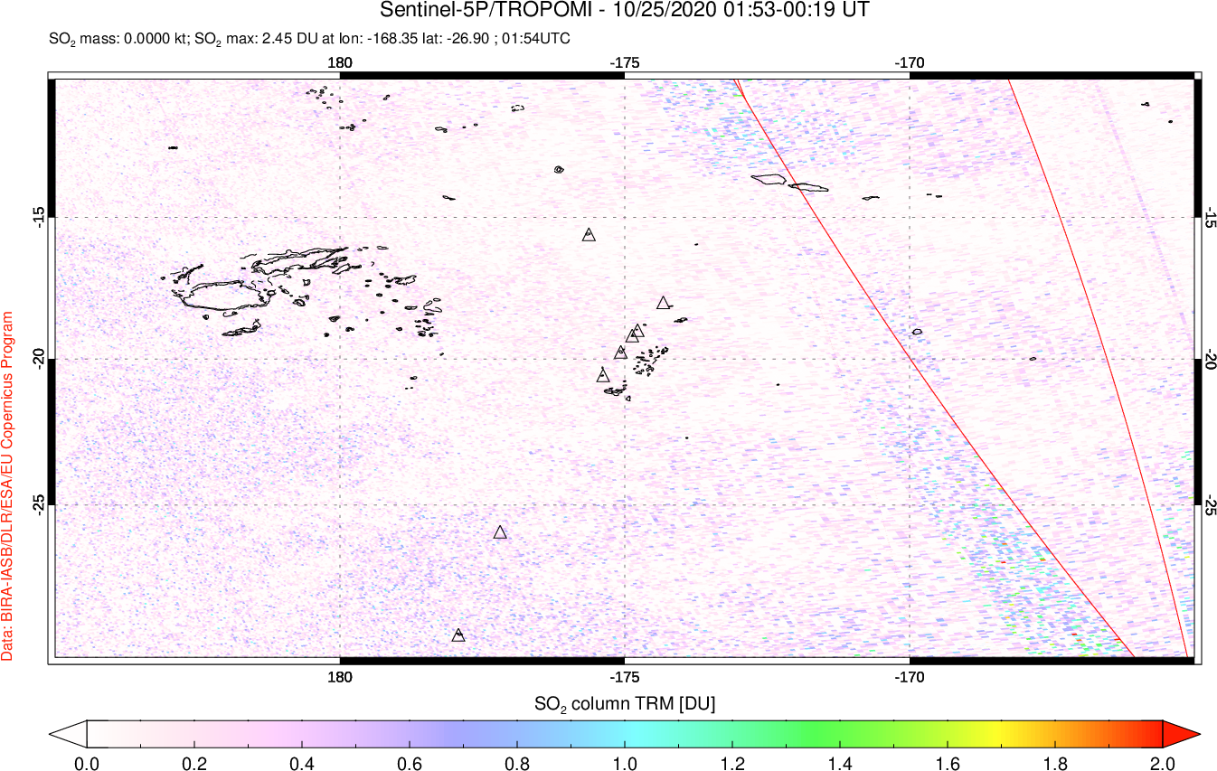 A sulfur dioxide image over Tonga, South Pacific on Oct 25, 2020.