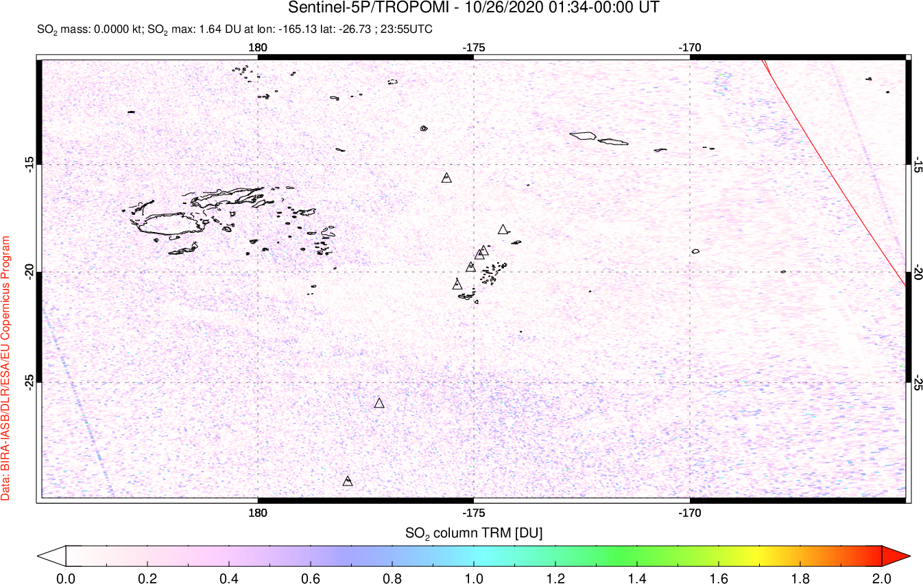 A sulfur dioxide image over Tonga, South Pacific on Oct 26, 2020.