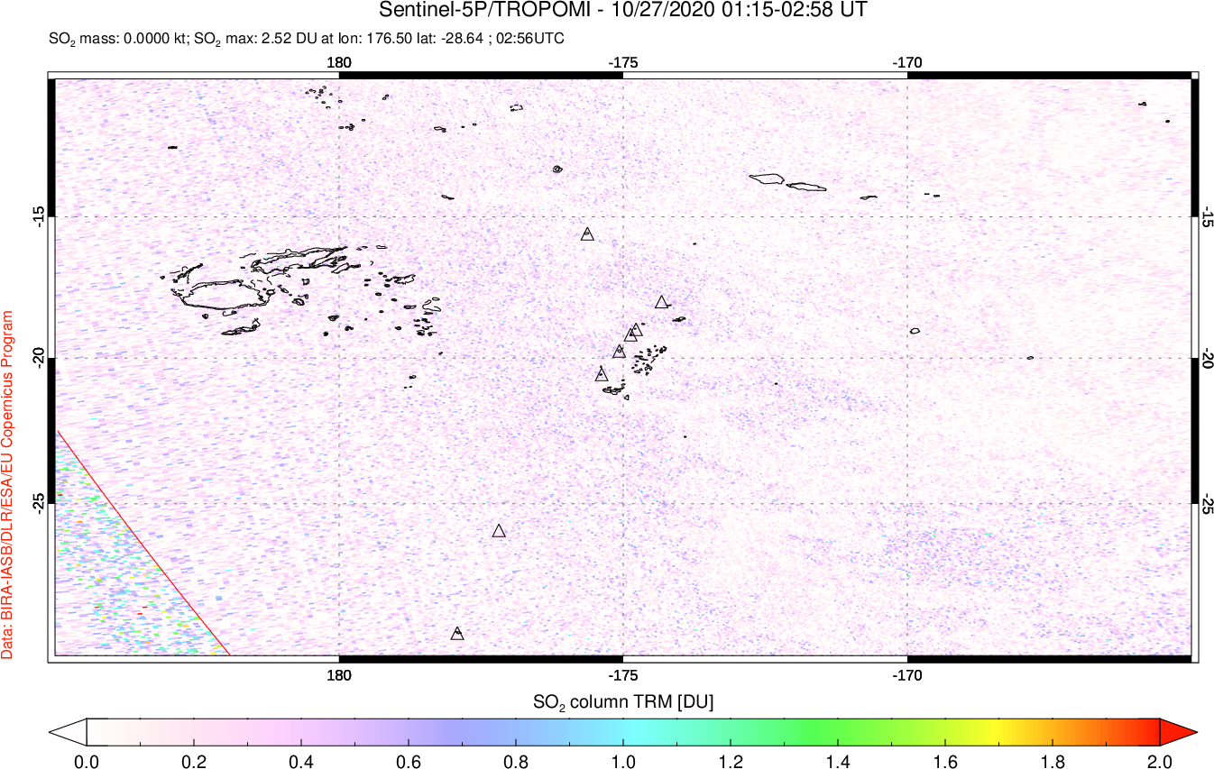 A sulfur dioxide image over Tonga, South Pacific on Oct 27, 2020.