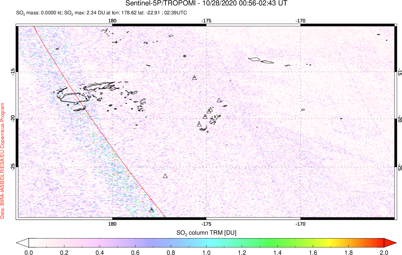 A sulfur dioxide image over Tonga, South Pacific on Oct 28, 2020.