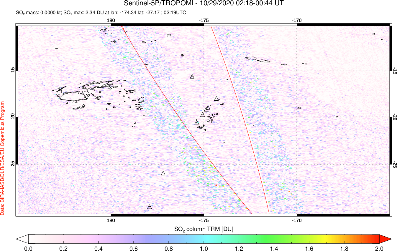 A sulfur dioxide image over Tonga, South Pacific on Oct 29, 2020.
