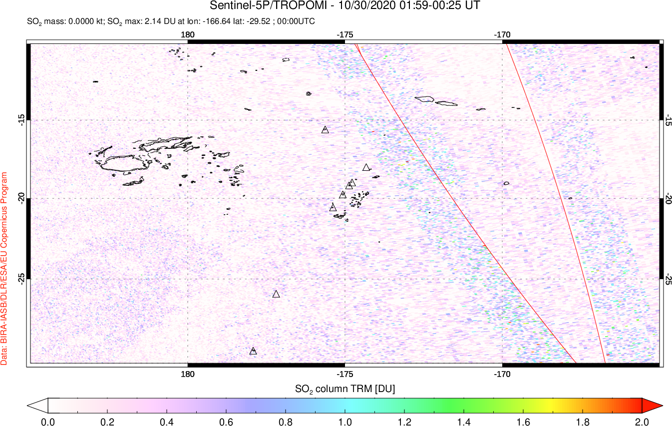 A sulfur dioxide image over Tonga, South Pacific on Oct 30, 2020.