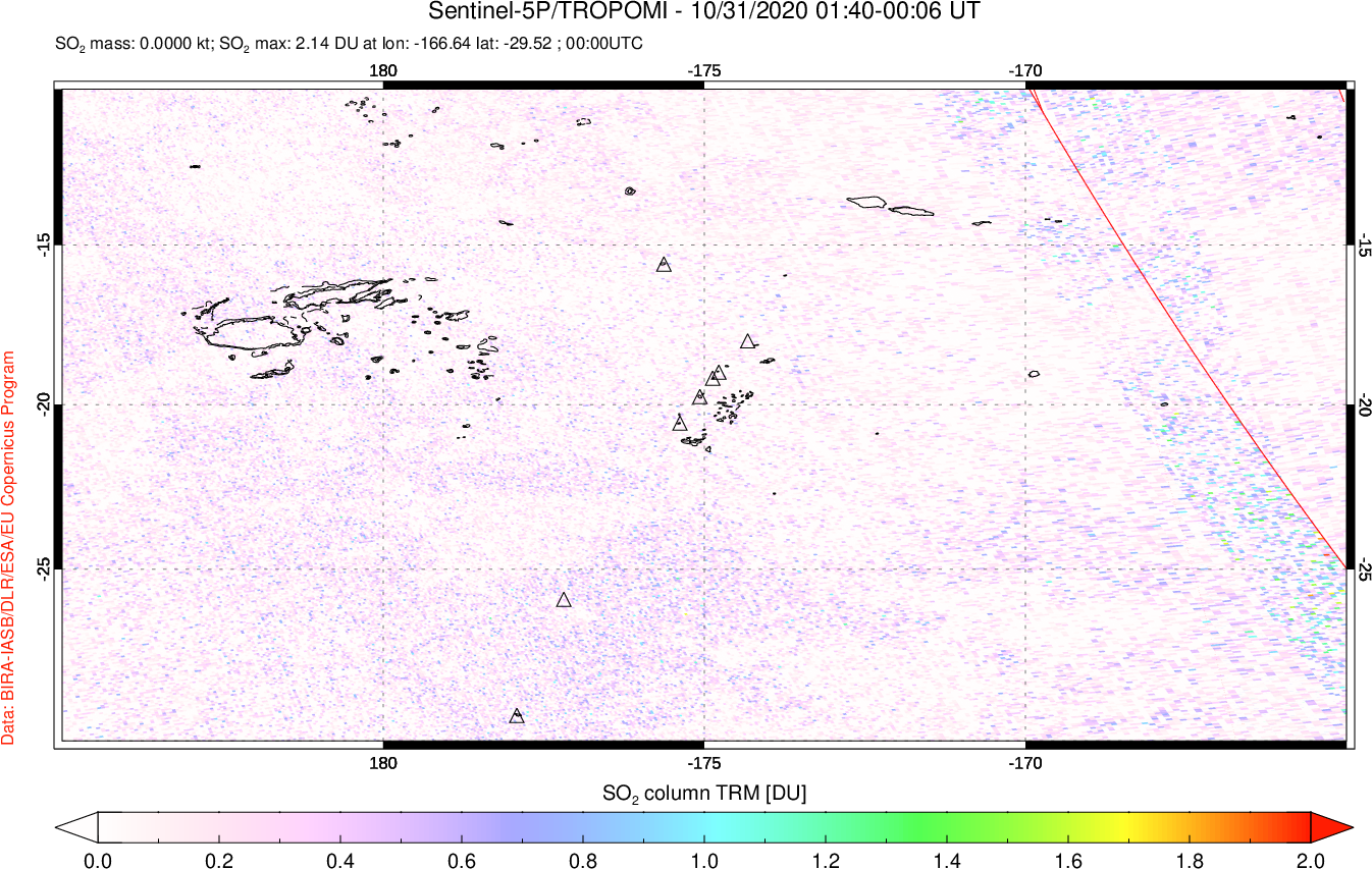 A sulfur dioxide image over Tonga, South Pacific on Oct 31, 2020.