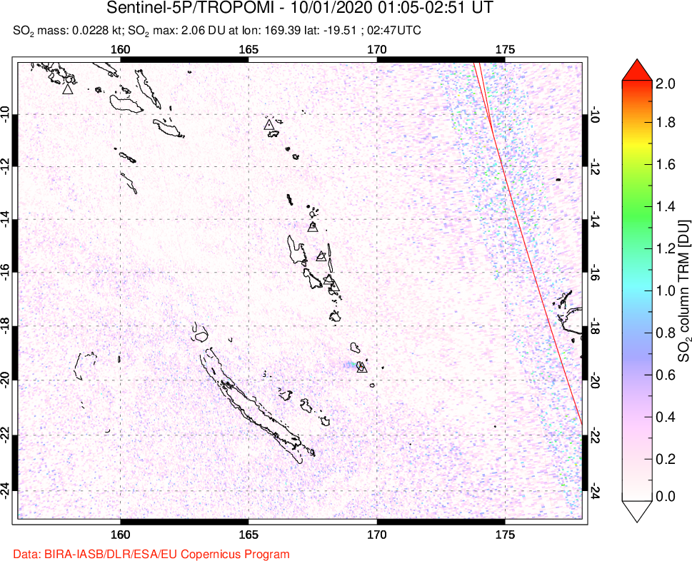 A sulfur dioxide image over Vanuatu, South Pacific on Oct 01, 2020.