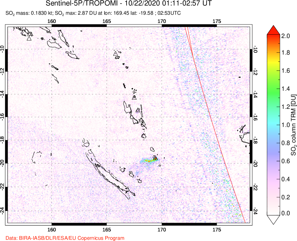A sulfur dioxide image over Vanuatu, South Pacific on Oct 22, 2020.