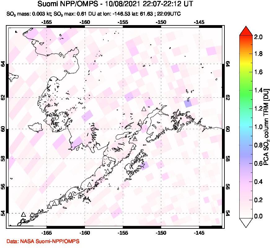 A sulfur dioxide image over Alaska, USA on Oct 08, 2021.