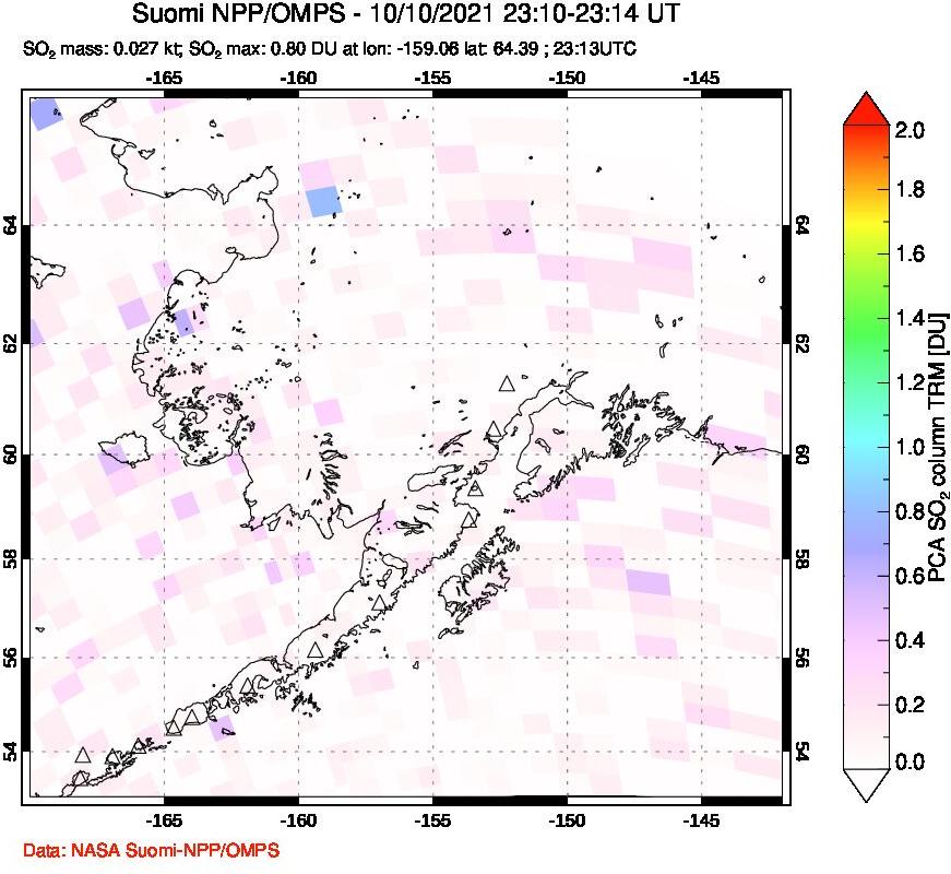 A sulfur dioxide image over Alaska, USA on Oct 10, 2021.