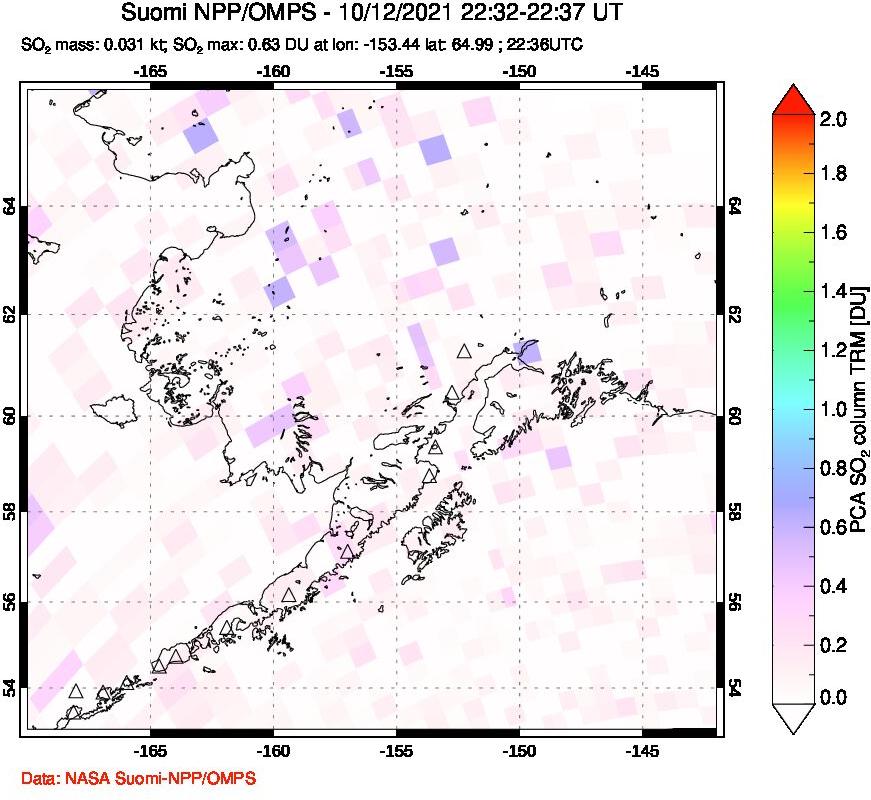 A sulfur dioxide image over Alaska, USA on Oct 12, 2021.