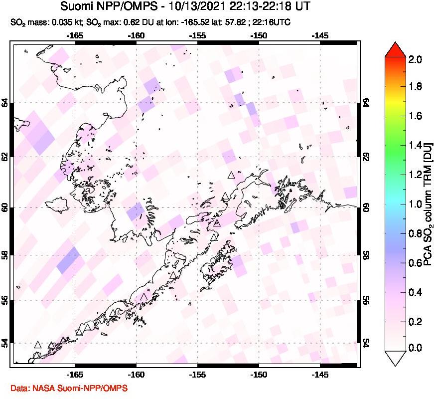 A sulfur dioxide image over Alaska, USA on Oct 13, 2021.
